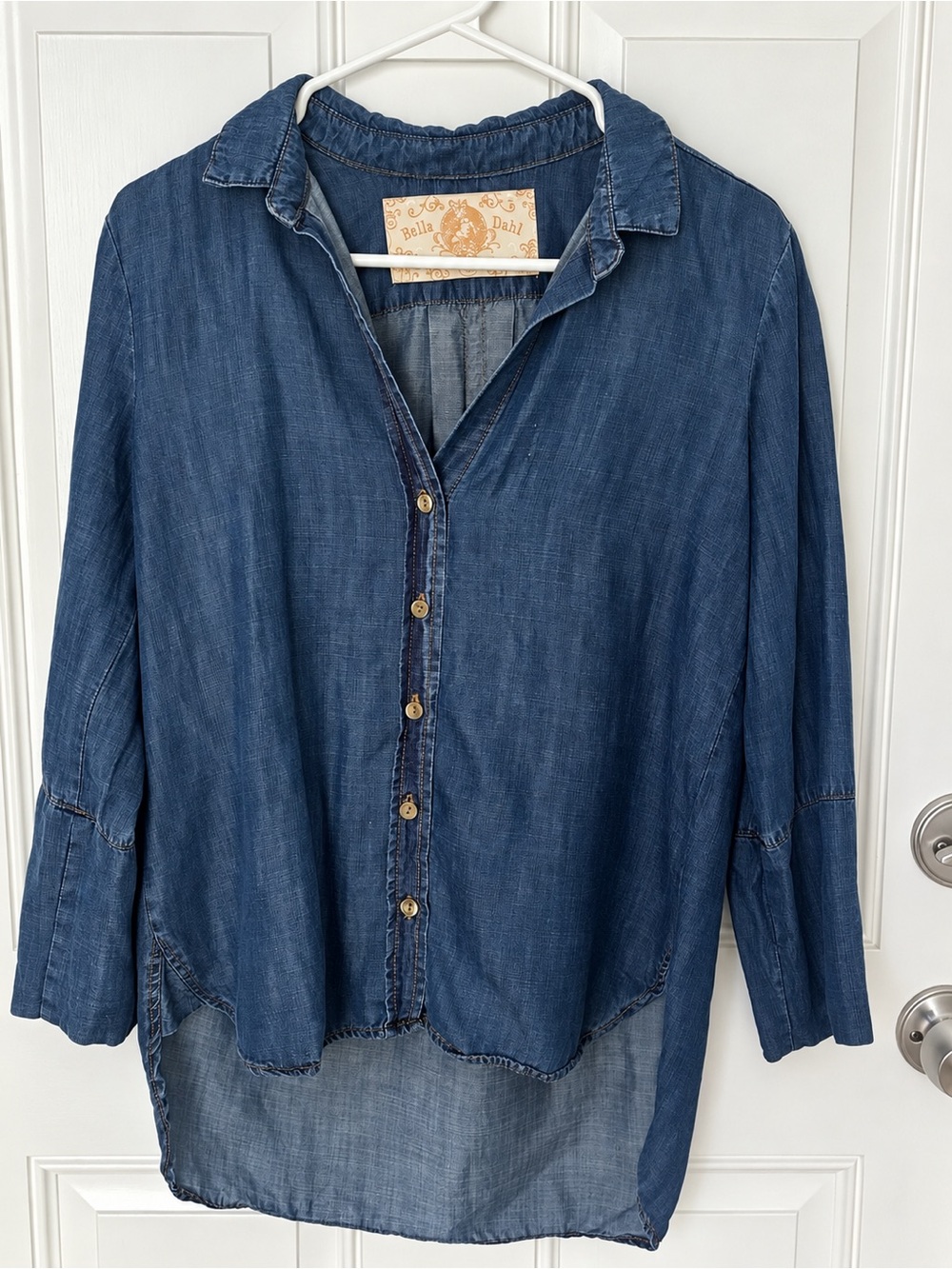 Bella Dahl 100% Tencel Chambray Button Front Shirt Blue 3/4 Sleeve Size Small